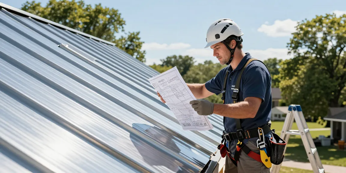 Professional inspecting metal roof installation process with focus on best metal roofing contractor Ontario.