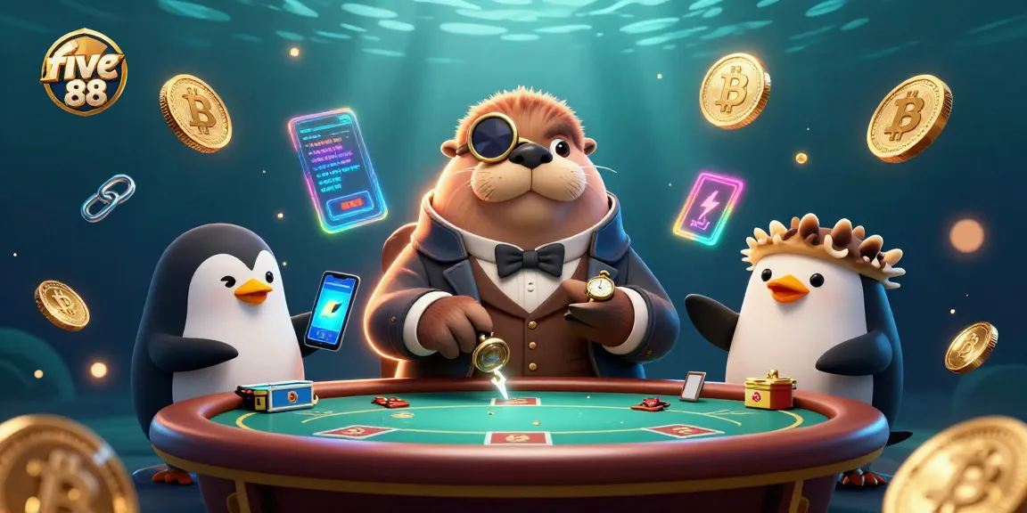 Bet big at five 88 with jolly walrus and friends playing underwater poker in vibrant 3D.