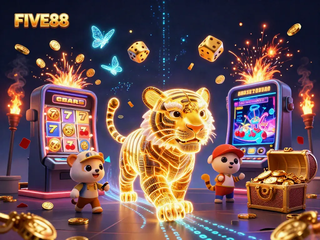 Engage with FIVE88's thrilling slots in this captivating casino scene filled with excitement.