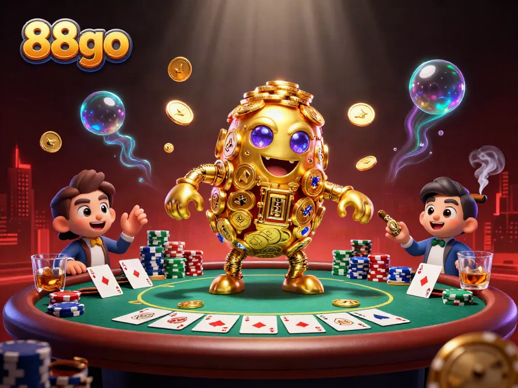 Engage with the exciting world of 88go as golden golems animate a lively casino scene.