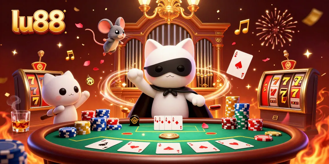 Play exciting games at lu88 with a lively scene of casino characters and vibrant gaming elements.