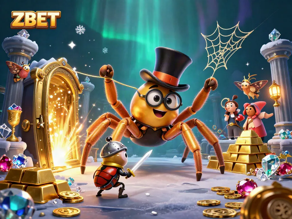 ZBET treasure hunt illustration featuring a golden tarantula weaving a web amidst a dynamic casino scene.