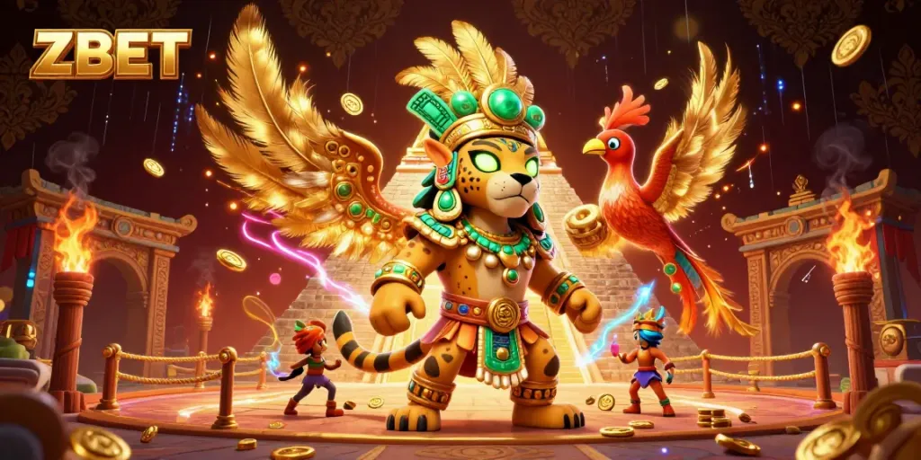 ZBET showcases vibrant 3D cartoon casino art featuring a Mayan jaguar priest and companion in a vibrant gambling scene.