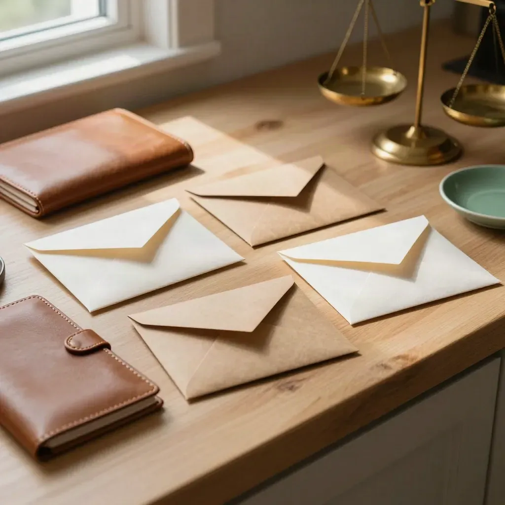 Three textured envelopes, leather folio, and brass scale on a kitchen island in warm daylight.
