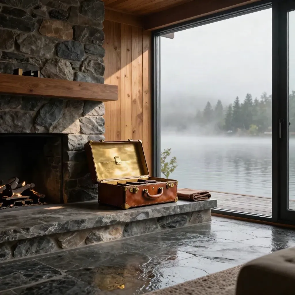 Moody lakeside planning lounge with oak, stone, leather, brass, and morning mist over water.