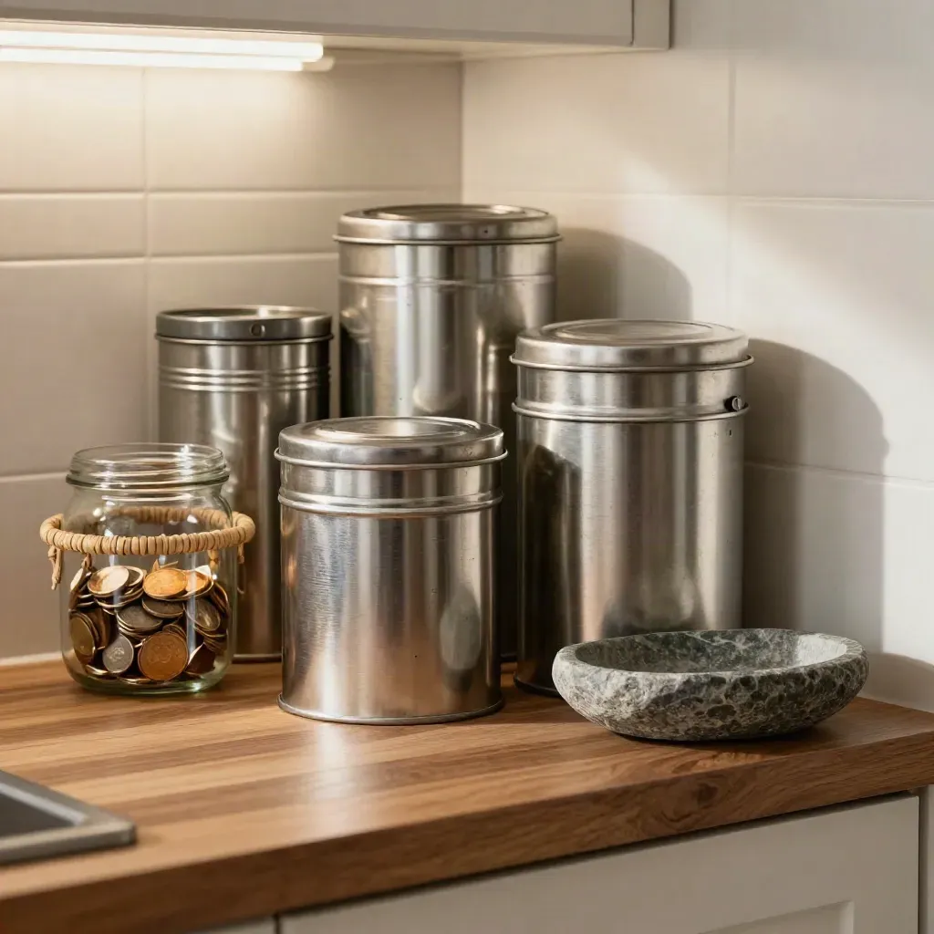 Macro of pantry tins, change jar, woven basket, and stone catchall on a warm kitchen counter.