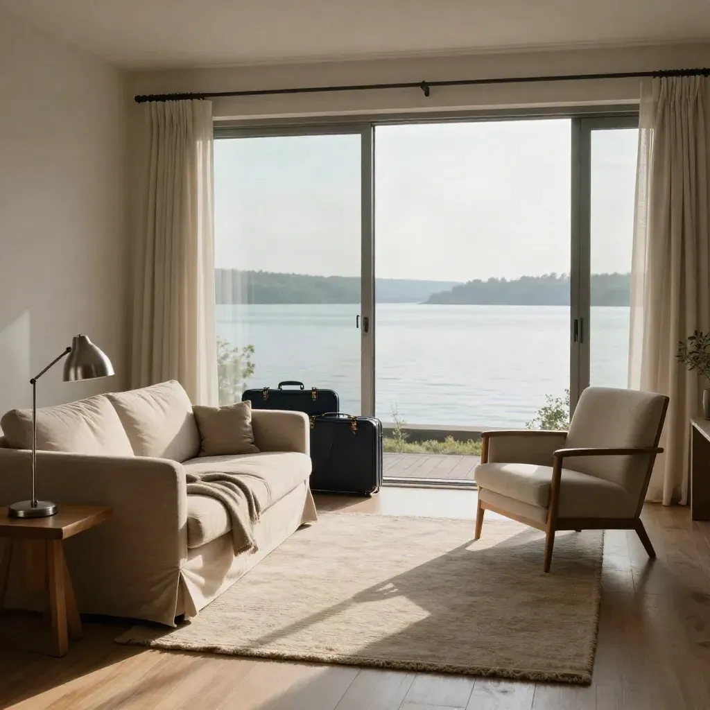Sunlit lakeside sitting room with linen sofa, empty armchair, lamp and travel case