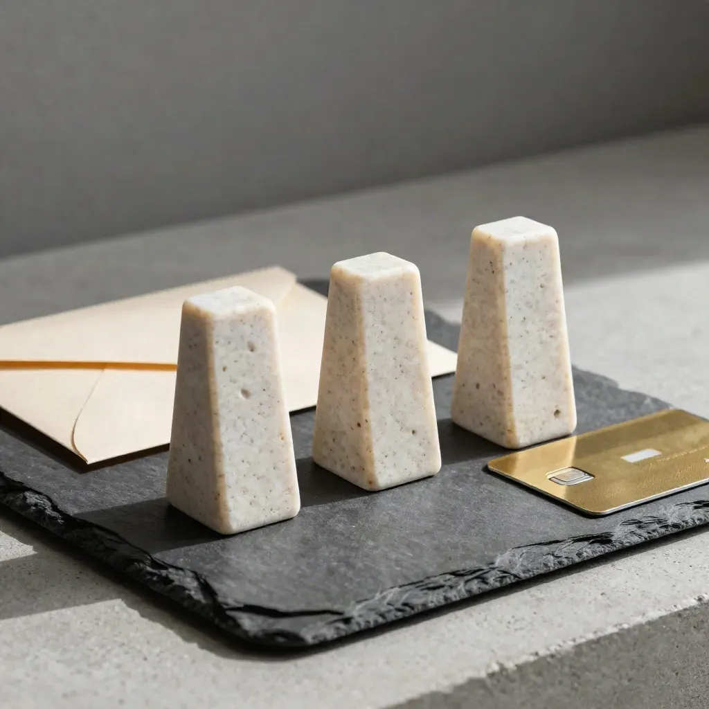 Stone markers, card sleeve and payment envelope on a matte tray in hard raking light