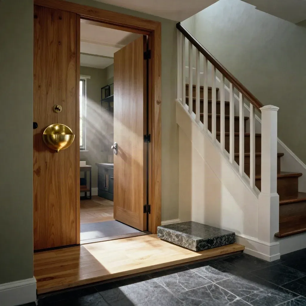 Floor-level townhouse entry with a birch home model, brass key bowl, and stone sample in warm beam.