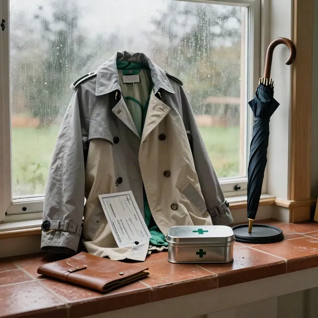 Rainy mudroom still life with coat, first-aid tin, document sleeve and umbrella stand.