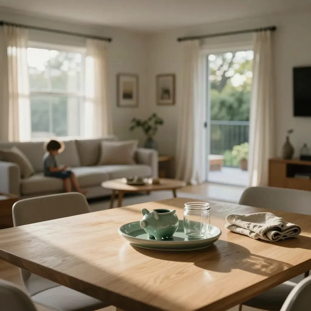 Empty Toronto living room with an emerald savings tray and sunlit balcony door.