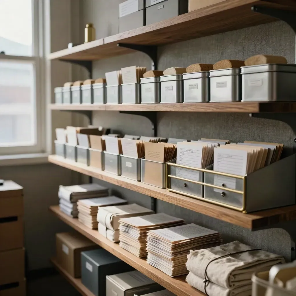 Calgary shop shelf with payroll packets, tax tins and a cash drawer in soft window light