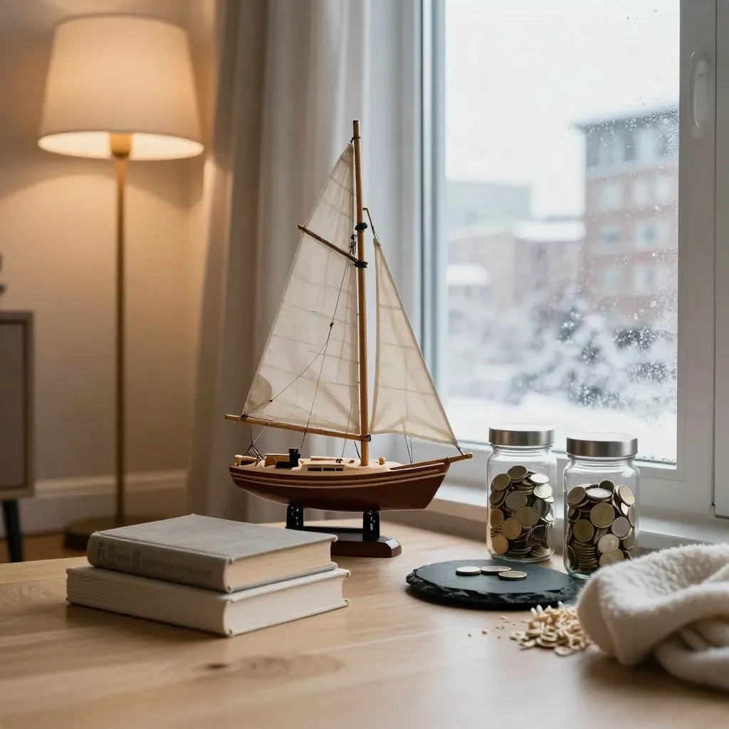 Ottawa condo reading corner with sailboat, travel books, and savings jars in winter light.