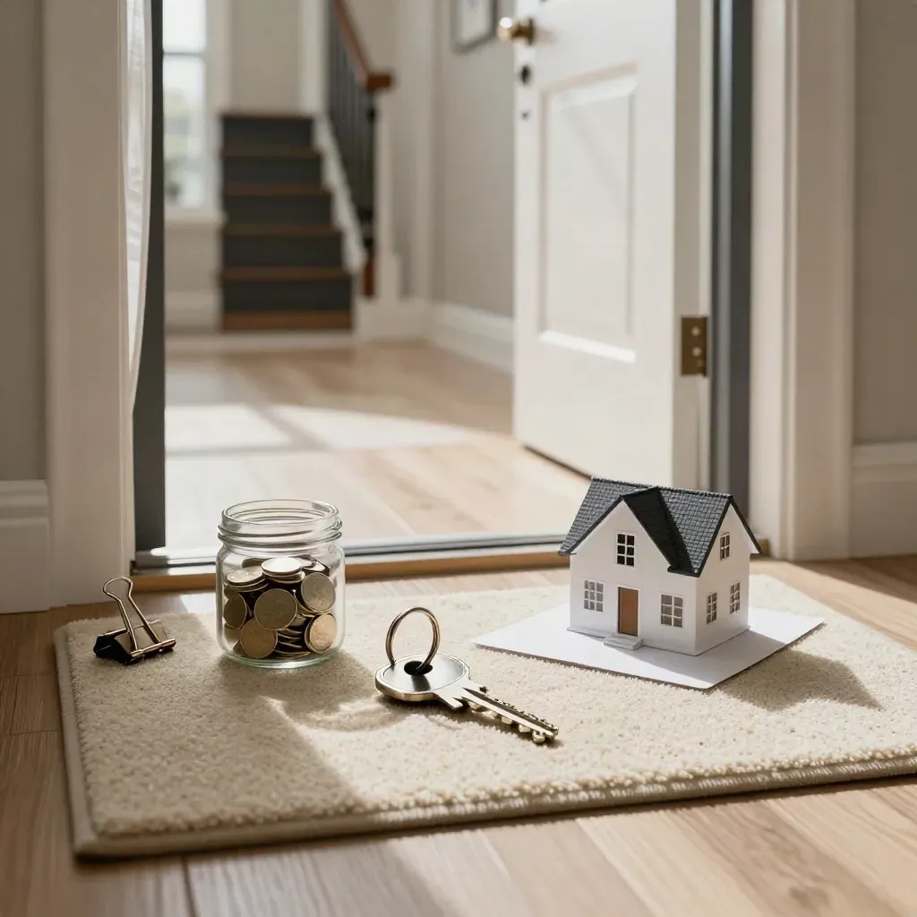 Townhouse foyer with key, savings jar and house model lit by spring daylight