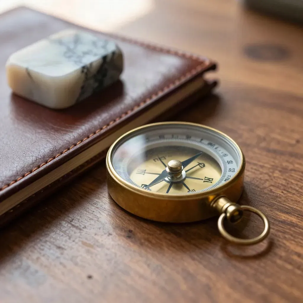 Macro brass compass beside leather folio and stone paperweight on walnut with warm daylight