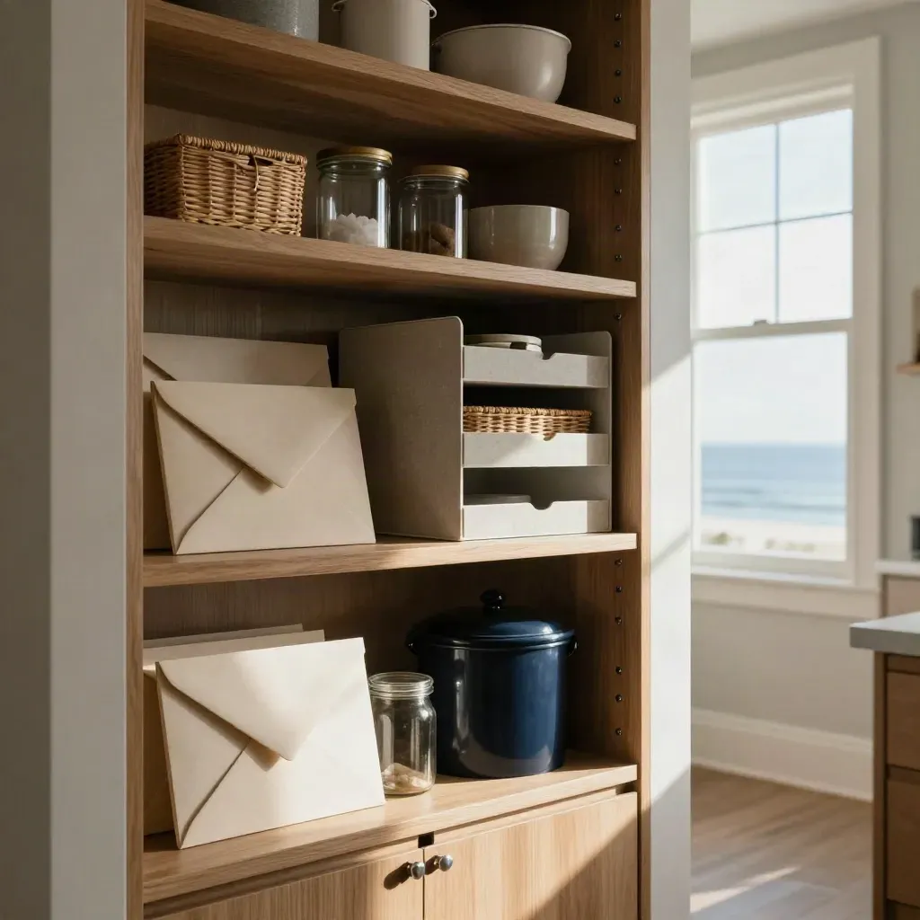 Halifax apartment pantry with envelope blocks, savings jar and tidy shelves by a bright window.