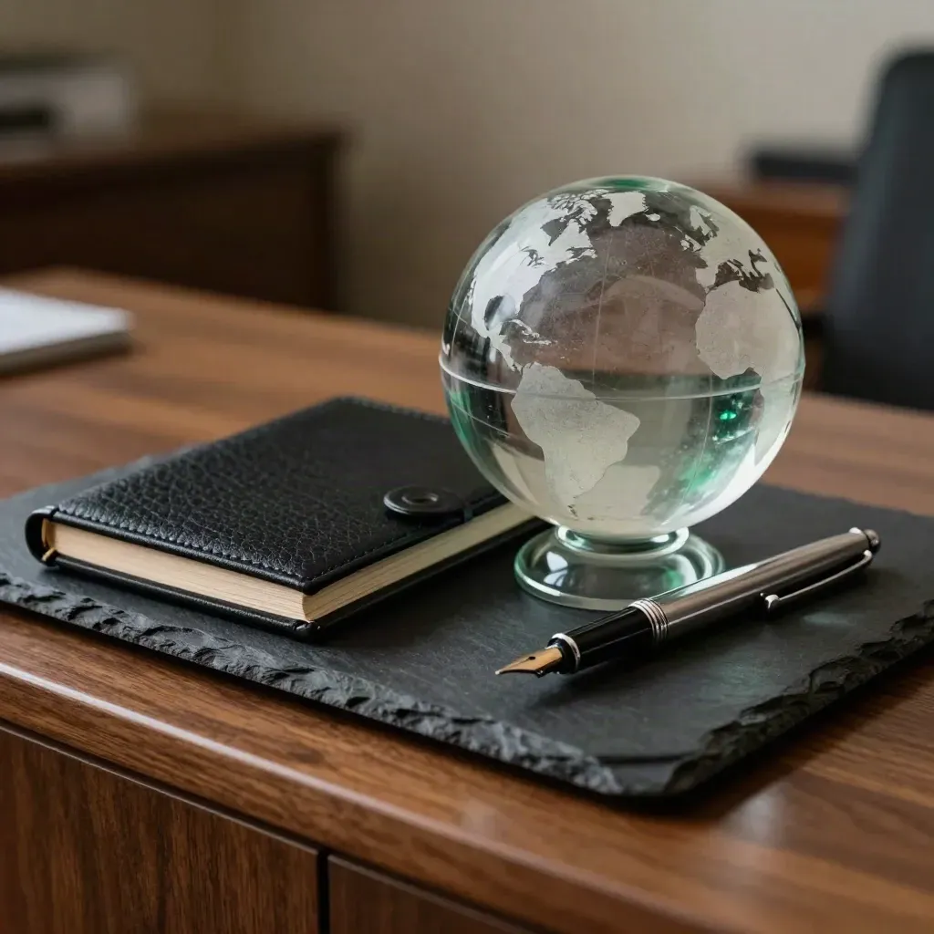 Smoked-glass globe, black portfolio and silver pen on slate tray in dramatic finance still life