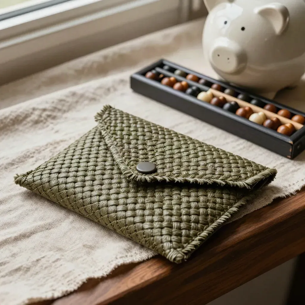 Macro of envelope wallets, savings jar and abacus beads on linen in soft window light.