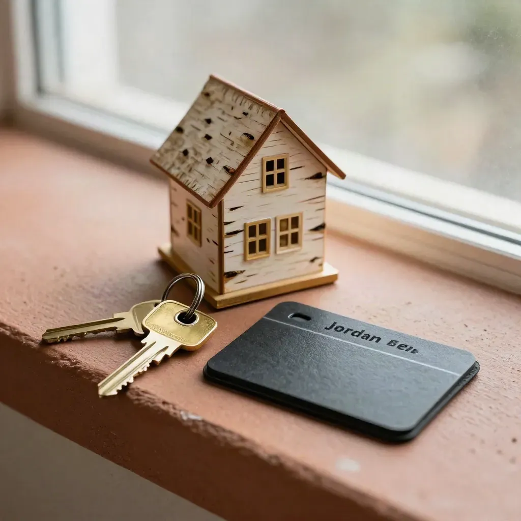 Brass keys, birch house model, and a face-down insurance sleeve on a terracotta ledge.