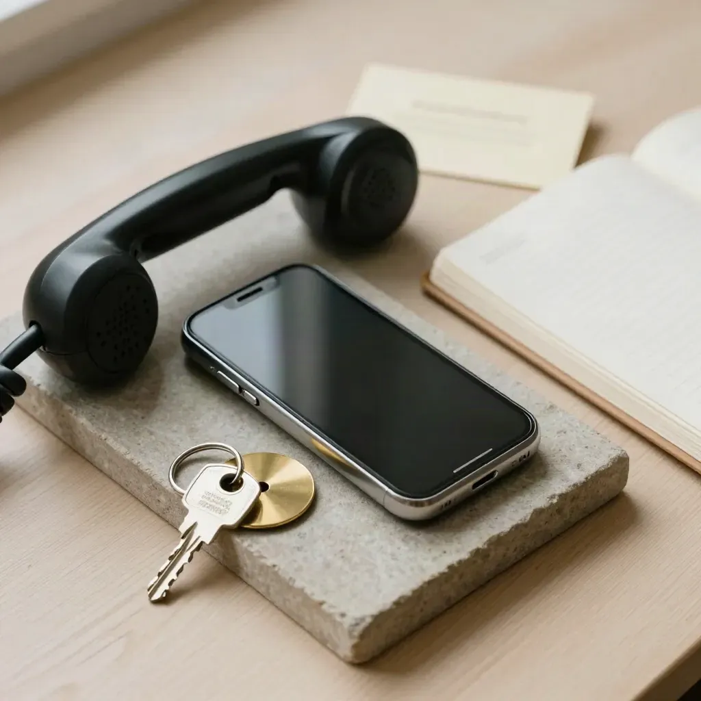 Dark phone on stone tray with brass disc, keyring and closed notebook on pale wood.