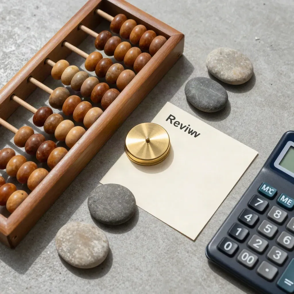 Overhead flatlay of an abacus, brass paperweight, pebbles, and a closed calculator on concrete.