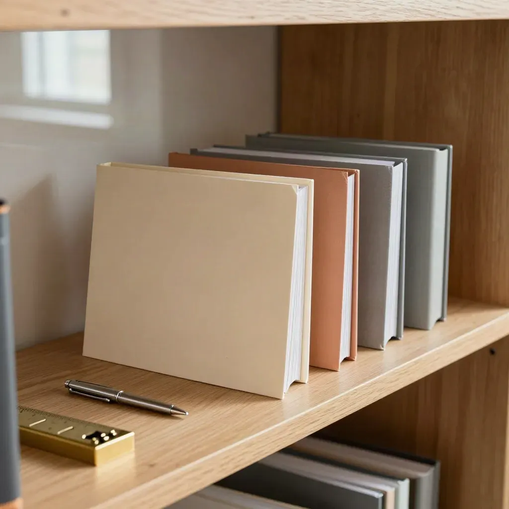 Three closed plan folders, a silver pen, and brass tabs on a pale oak shelf in soft daylight.