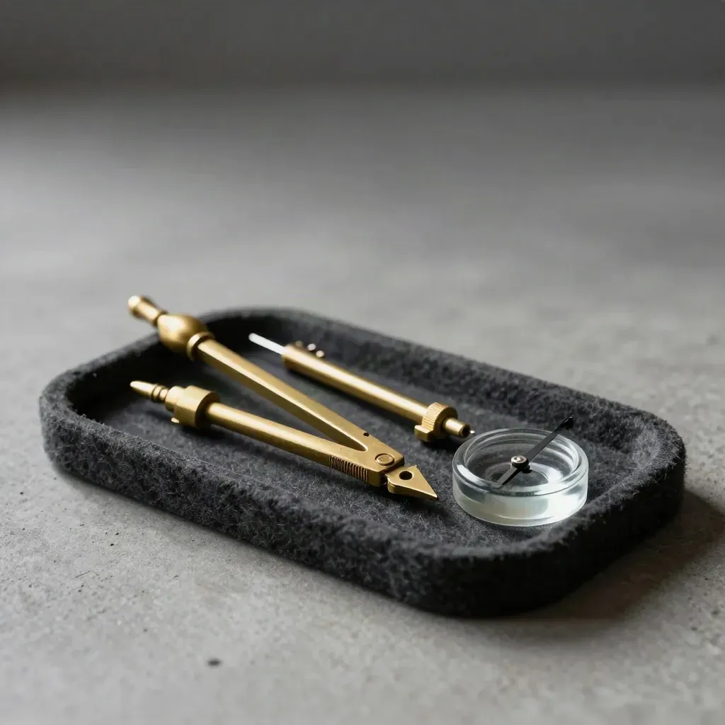 Brass compass, adjustable markers and glass pebble on a charcoal felt tray