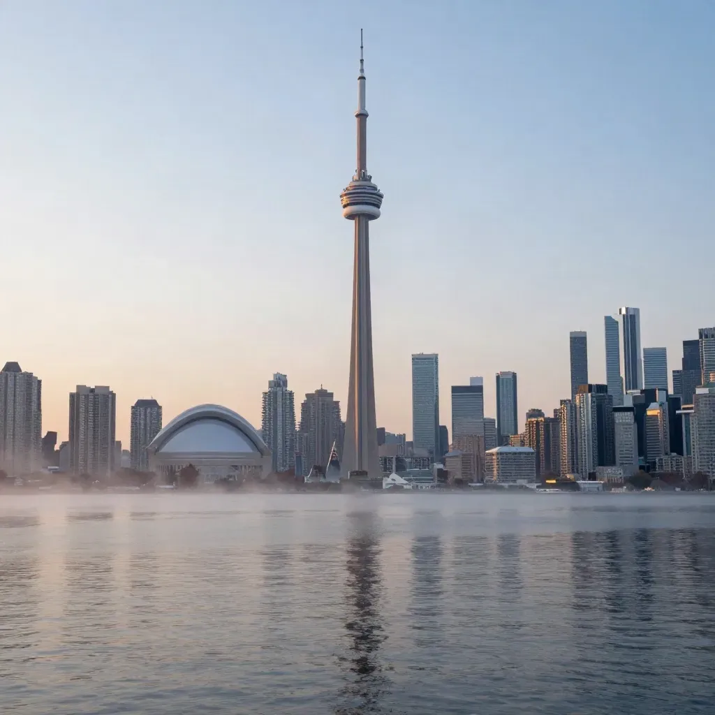 Toronto skyline with CN Tower above calm lakefront water in blue-hour mist