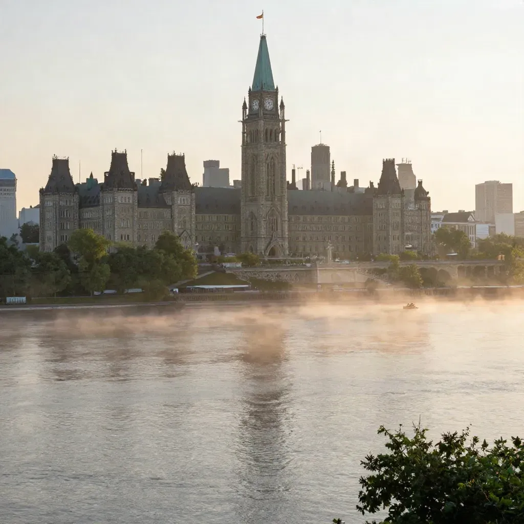 Ottawa Parliament and riverfront glowing through dawn mist above the Ottawa River