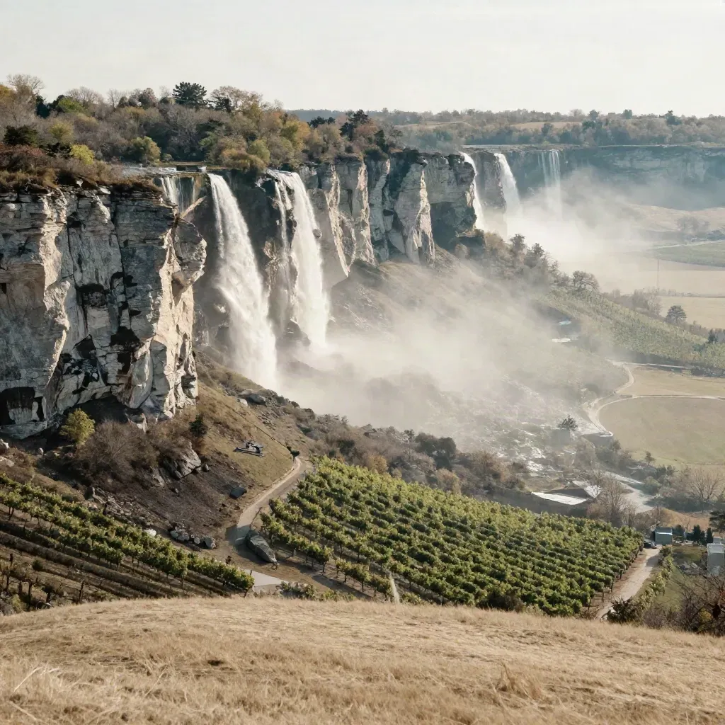 Hamilton-to-Niagara escarpment cliffs, waterfall mist, and vineyard rows in late-afternoon light.