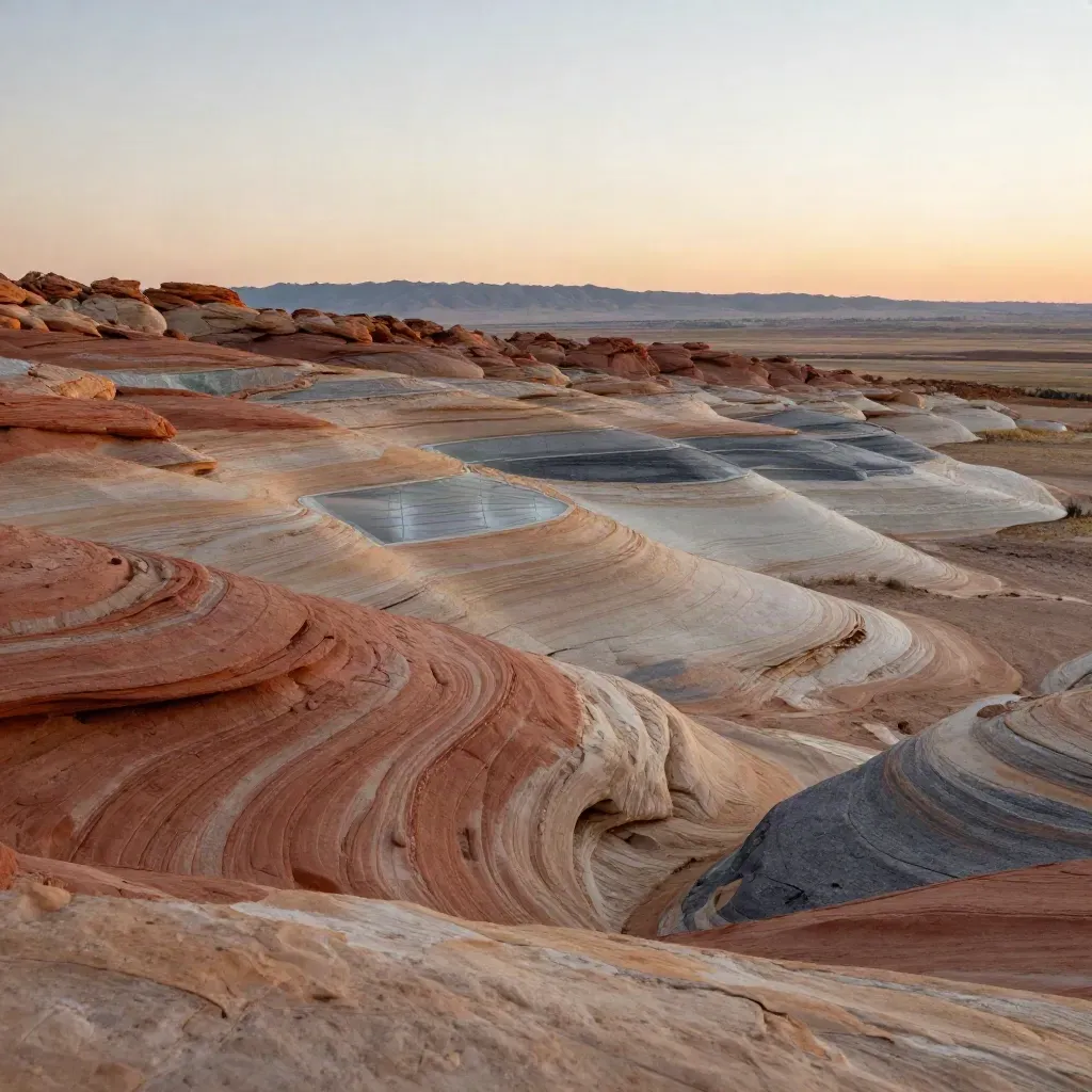 Layered sandstone-like prairie horizon with hazy foothills and calm copy space at sunset