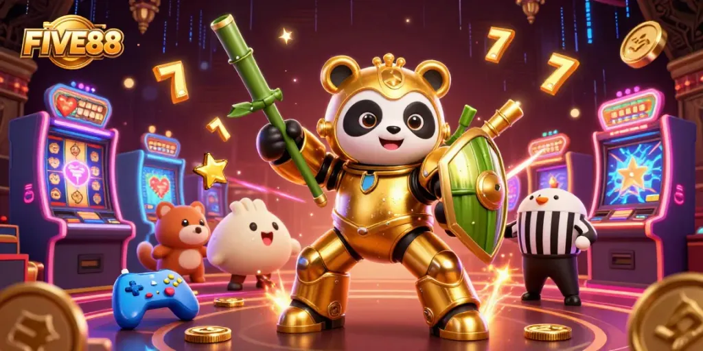 Experience vibrant action at FIVE88 with a golden panda in a mech-suit at a lively casino.