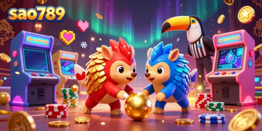 Experience vibrant gameplay with sao789 as rival pangolins roll through golden poker chips under a toucan referee.