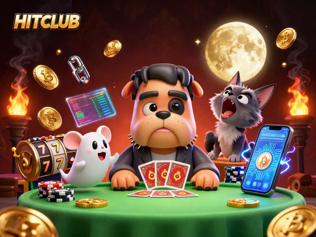 Join the HITCLUB experience at an electrifying casino with dynamic characters playing cards.