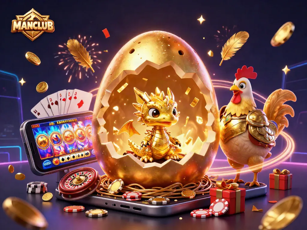 MANCLUB showcases excitement with a golden dragon and poker chips in a vibrant casino scene.