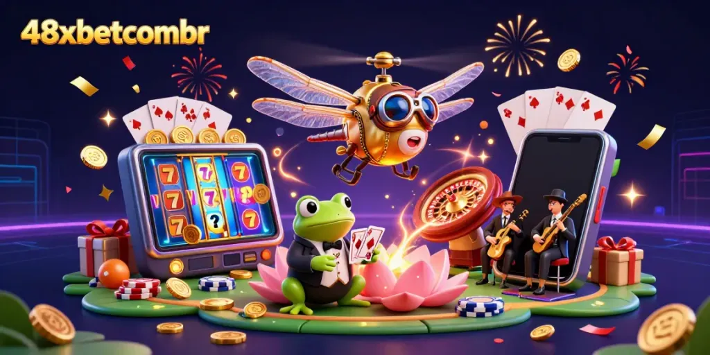 Experience winning moments at 48xbetcombr with a 3D dragonfly pilot and frog croupier in a vibrant casino scene.