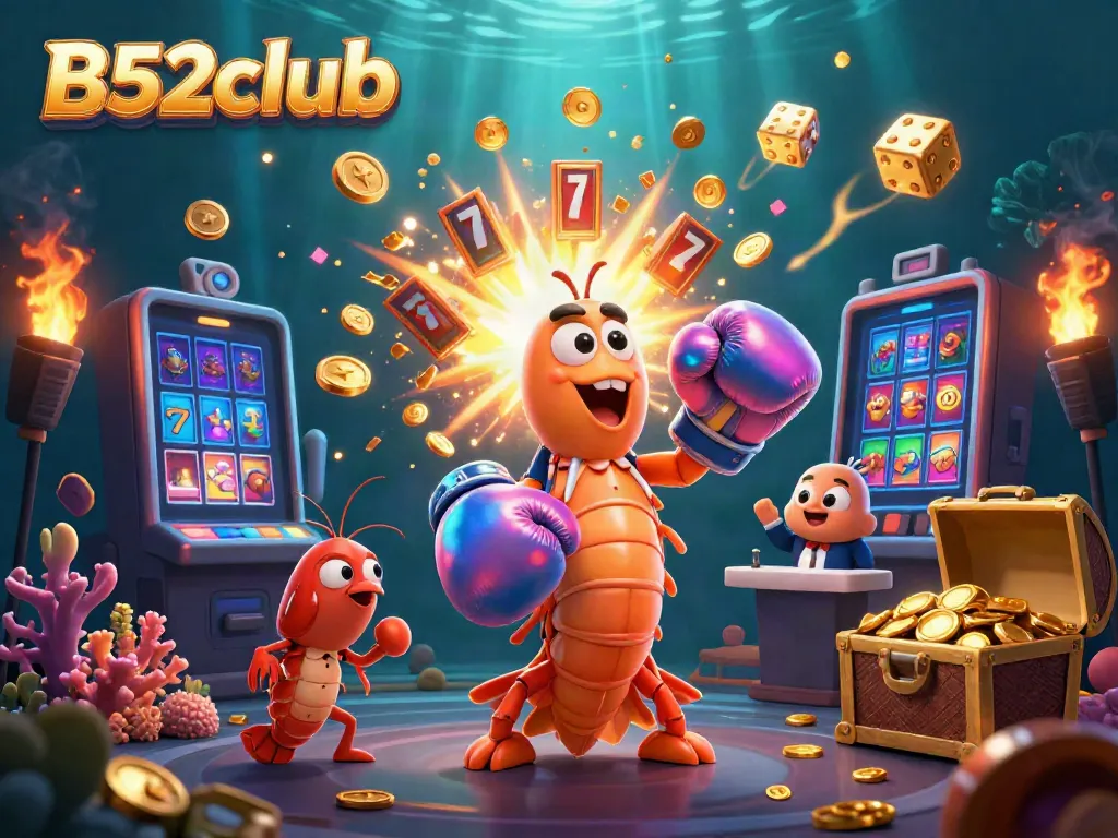 B52club features a dynamic 3D scene with vibrant characters and casino game elements.