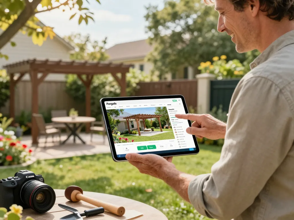 Homeowner using Pergola Sales Software to design a custom pergola in their garden