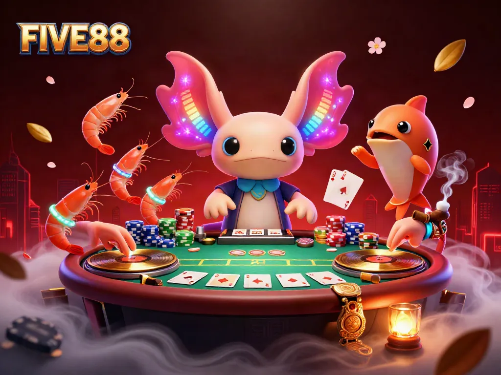 Experience the vibrant energy of FIVE88 as a neon axolotl DJ spins at an underwater casino party.