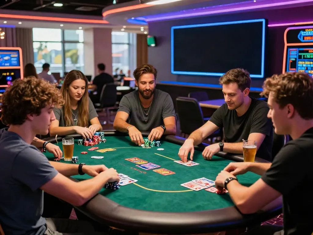 Experience the vibrant atmosphere of online gaming at https://fc88v1.com/ with friends at a poker table in a stylish casino.