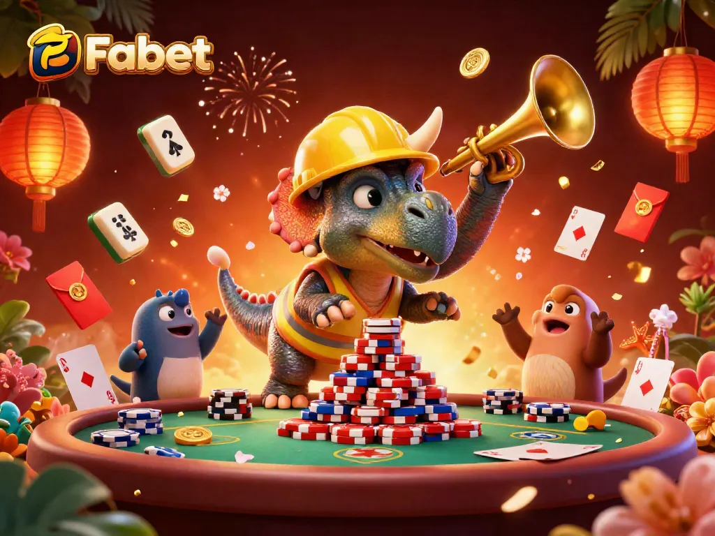 Fabet casino illustration with a triceratops creating poker chip pyramid celebrating with vibrant gaming elements.