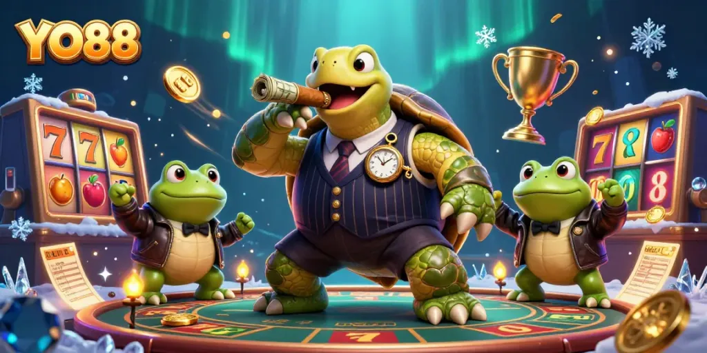 Experience thrilling gameplay with YO88, featuring a cartoon turtle and engaging slot elements in a vibrant casino scene.