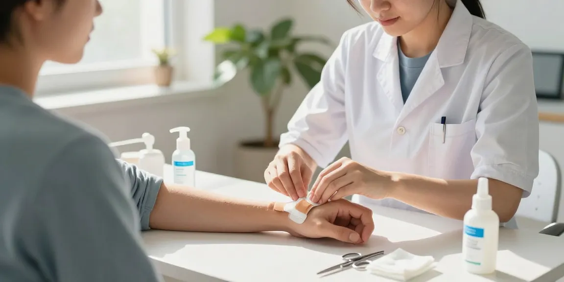 Applying bandage adhesive in a clinic, showcasing effective wound care.
