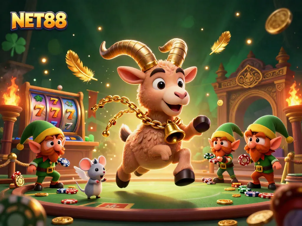 NET88 casino scene depicting playful characters in a lively environment, showcasing festive gameplay dynamics.