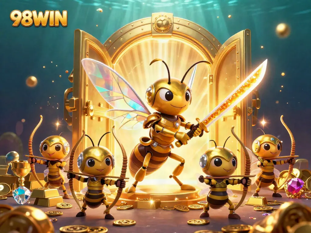 Join the adventure at 98WIN with a dynamic scene of a golden hornet warrior leading bee archers in a treasure-filled landscape.
