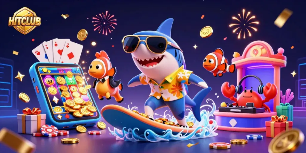 Spin to win with HITCLUB’s vibrant casino adventure featuring a shark, clownfish, and crab DJ!