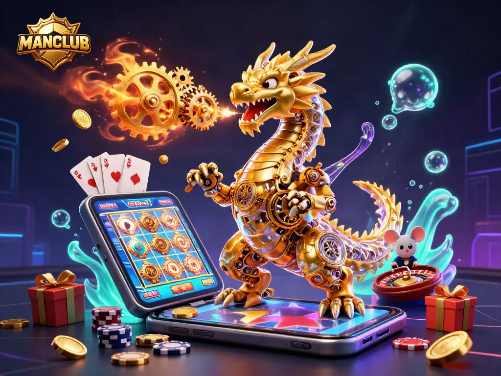 Engage with MANCLUB’s thrilling casino experience featuring a golden dragon, slot games, and roulette elements.