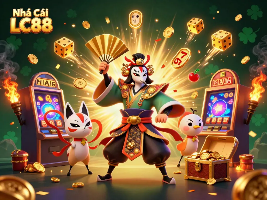 Experience the thrill of winning at Nhà Cái LC88 with a vibrant scene featuring dynamic casino elements, golden treasures, and captivating characters.