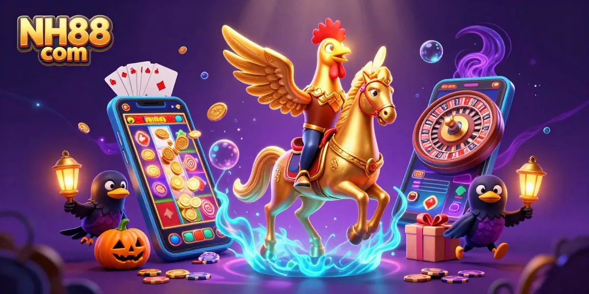 Experience thrilling gaming action with NH88 com in a vibrant casino illustration featuring 3D characters.