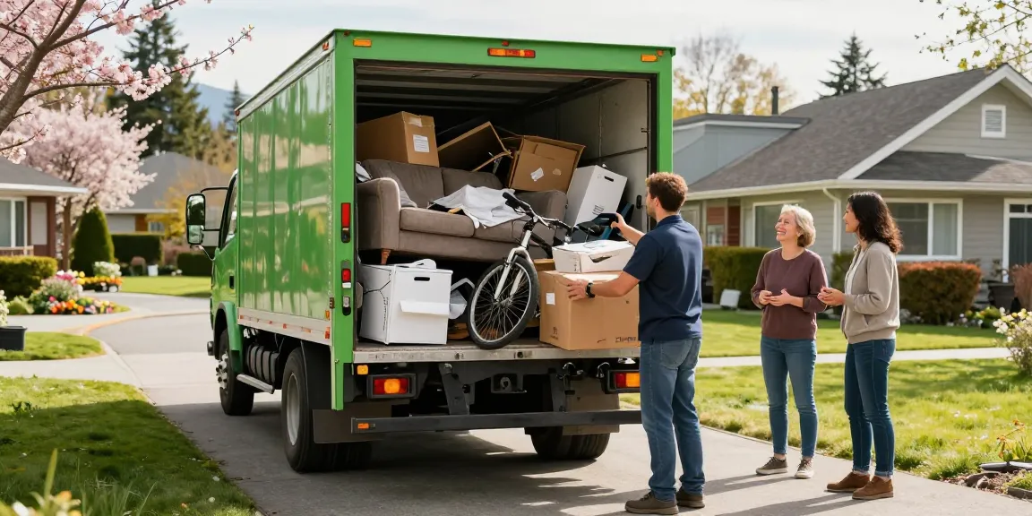 Affordable Junk Removal Vancouver team member loading junk into truck in sunny neighborhood, showcasing reliable service.